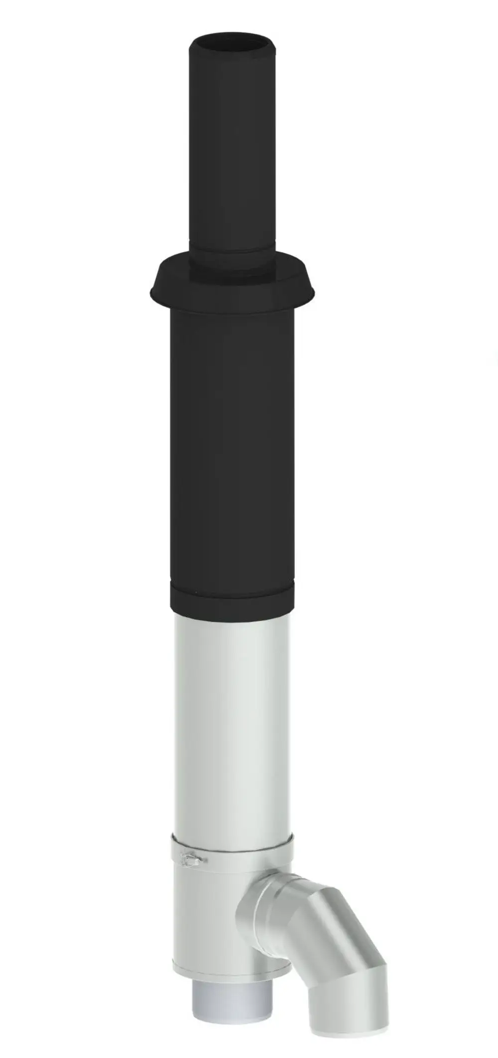Konzentrische Dachdurchführung in schwarz und silber, geeignet für Abluftsysteme, hergestellt von Remeha, mit einem Rohrsystem für die Dämmung und den Abzug von Rauchgasen.